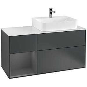 Villeroy und Boch Finion Waschtischunterschrank F141GKHG 120cm, Abdeckplatte glass white Matt, Regal links Anthracite matt, Midnight Blue Matt Lacquer