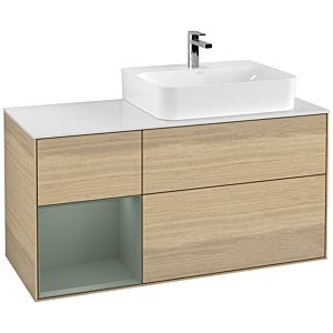 Villeroy und Boch Finion Waschtischunterschrank F141GMPC 120cm, Abdeckplatte glass white Matt, Regal links Olive Matt Lacquer, Oak Veneer