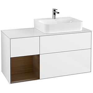 Villeroy et Boch Finion Villeroy et Boch F141GNGF 120cm, plaque de recouvrement verre blanc mat, étagère gauche placage noyer, laqué blanc brillant