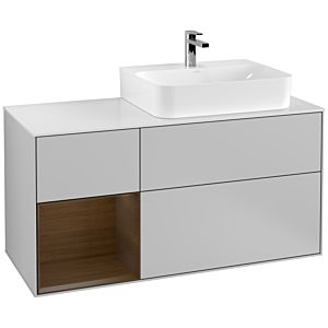 Villeroy und Boch Finion Waschtischunterschrank F141GNGJ 120cm, Abdeckplatte glass white Matt, Regal links Walnut veneer, Light grey matt