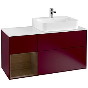 Villeroy und Boch Finion Waschtischunterschrank F141GNHB 120cm, Abdeckplatte glass white Matt, Regal links Walnut veneer, Peony Matt