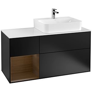 Villeroy und Boch Finion Waschtischunterschrank F141GNPD 120cm, Abdeckplatte glass white Matt, Regal links Walnut veneer, Black matt lacquer