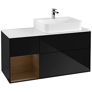 Villeroy und Boch Finion Waschtischunterschrank F141GNPH 120cm, Abdeckplatte glass white Matt, Regal links Walnut veneer, Glossy Black Lacquer