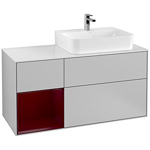 Villeroy und Boch Finion Waschtischunterschrank F141HBGJ 120cm, Abdeckplatte glass white Matt, Regal links Peony, Light grey matt