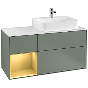 Villeroy et Boch Finion Villeroy et Boch F141HFGM 120cm, plaque de recouvrement verre blanc mat, étagère gauche or mat, Olive Matt Lacquer