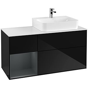 Villeroy und Boch Finion Waschtischunterschrank F141HGPH 120cm, Abdeckplatte glass white Matt, Regal links Midnight Blue Matt Lacquer, Glossy Black Lacquer