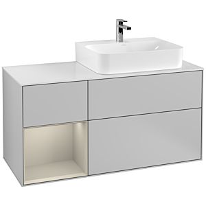 Villeroy und Boch Finion Waschtischunterschrank F141HHGJ 120cm, Abdeckplatte glass white Matt, Regal links Sand Matt Lacquer, Light grey matt