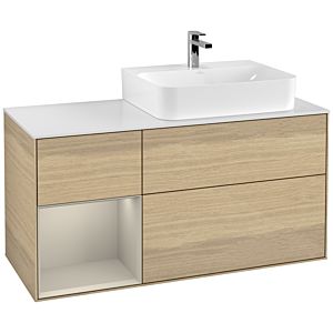 Villeroy et Boch Finion Villeroy et Boch F141HHPC 120cm, plaque de recouvrement en verre blanc mat, étagère à gauche Sand Matt Lacquer , Oak Veneer
