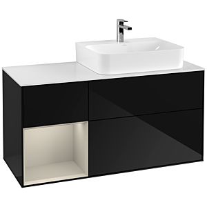 Villeroy und Boch Finion Waschtischunterschrank F141HHPH 120cm, Abdeckplatte glass white Matt, Regal links Sand Matt Lacquer, Glossy Black Lacquer