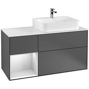 Villeroy und Boch Finion Waschtischunterschrank F141MTGK 120cm, Abdeckplatte glass white Matt, Regal links White matt lacquer, Anthracite matt