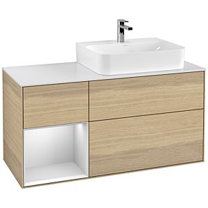Villeroy und Boch Finion Waschtischunterschrank F141MTPC 120cm, Abdeckplatte glass white Matt, Regal links White matt lacquer, Oak Veneer
