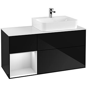 Villeroy und Boch Finion Waschtischunterschrank F141MTPH 120cm, Abdeckplatte glass white Matt, Regal links White matt lacquer, Glossy Black Lacquer