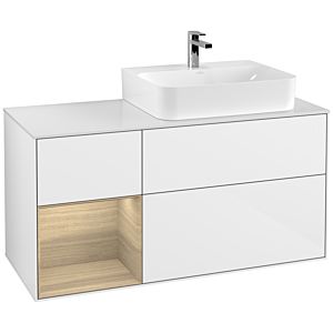 Villeroy und Boch Finion Waschtischunterschrank F141PCGF 120cm, Abdeckplatte glass white Matt, Regal links Oak Veneer, Glossy white lacquer