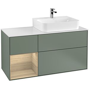 Villeroy und Boch Finion Waschtischunterschrank F141PCGM 120cm, Abdeckplatte glass white Matt, Regal links Oak Veneer, Olive Matt Lacquer