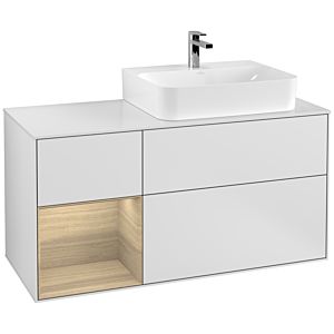 Villeroy et Boch Finion Villeroy et Boch F141PCMT 120cm, plaque de recouvrement verre blanc mat, étagère gauche Oak Veneer , laqué blanc mat