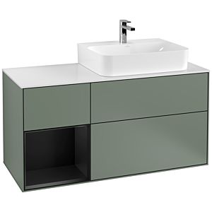 Villeroy und Boch Finion Waschtischunterschrank F141PDGM 120cm, Abdeckplatte glass white Matt, Regal links Black matt lacquer, Olive Matt Lacquer