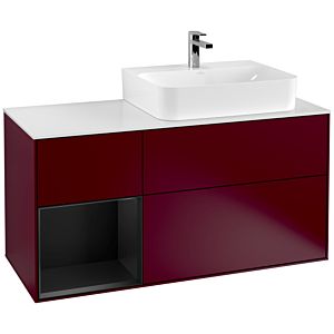 Villeroy und Boch Finion Waschtischunterschrank F141PDHB 120cm, Abdeckplatte glass white Matt, Regal links Black matt lacquer, Peony Matt