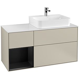 Villeroy et Boch Finion Villeroy et Boch F141PDHH 120cm, plaque de recouvrement verre blanc mat, étagère gauche laqué noir mat, Sand Matt Lacquer