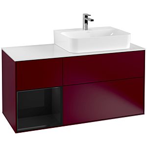Villeroy und Boch Finion Waschtischunterschrank F141PHHB 120cm, Abdeckplatte glass white Matt, Regal links Glossy Black Lacquer, Peony Matt