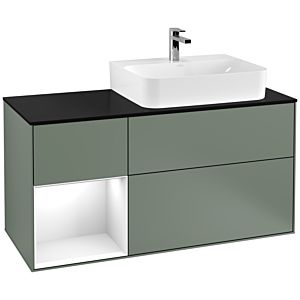 Villeroy und Boch Finion Waschtischunterschrank F142GFGM 120cm, Abdeckplatte Glass Black Matt, Regal links Glossy white lacquer, Olive Matt Lacquer