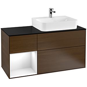 Villeroy and Boch Finion Villeroy and Boch Finion F142GFGN 120cm, cover plate glass black matt, shelf left glossy white lacquer, walnut veneer