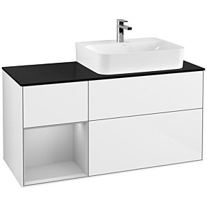 Villeroy et Boch Finion Villeroy et Boch F142GJGF 120cm, plaque de recouvrement verre noir mat, étagère gauche gris clair mat, laqué blanc brillant