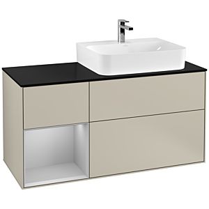 Villeroy et Boch Finion Villeroy et Boch F142GJHH 120cm, couvercle en verre noir mat, étagère gauche gris clair mat, Sand Matt Lacquer