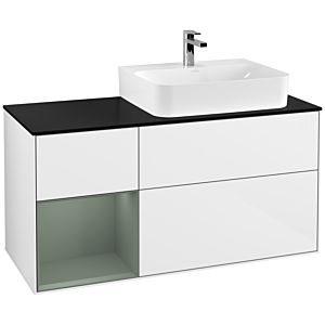 Villeroy und Boch Finion Waschtischunterschrank F142GMGF 120cm, Abdeckplatte Glass Black Matt, Regal links Olive Matt Lacquer, Glossy white lacquer