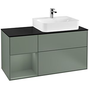 Villeroy und Boch Finion Waschtischunterschrank F142GMGM 120cm, Abdeckplatte Glass Black Matt, Regal links Olive Matt Lacquer, Olive Matt Lacquer