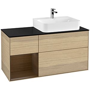Villeroy und Boch Finion Waschtischunterschrank F142GNPC 120cm, Abdeckplatte Glass Black Matt, Regal links Walnut veneer, Oak Veneer