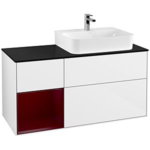 Villeroy et Boch Finion Villeroy et Boch F142HBGF 120cm, plaque de recouvrement verre noir mat, étagère gauche Peony , laqué blanc brillant