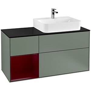 Villeroy und Boch Finion Waschtischunterschrank F142HBGM 120cm, Abdeckplatte Glass Black Matt, Regal links Peony, Olive Matt Lacquer