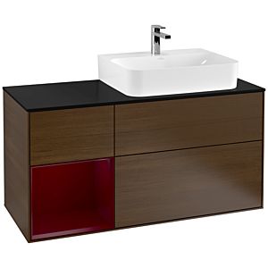 Villeroy und Boch Finion Waschtischunterschrank F142HBGN 120cm, Abdeckplatte Glass Black Matt, Regal links Peony, Walnut veneer