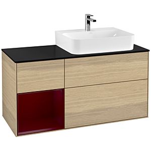 Villeroy und Boch Finion Waschtischunterschrank F142HBPC 120cm, Abdeckplatte Glass Black Matt, Regal links Peony, Oak Veneer