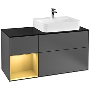 Villeroy und Boch Finion Waschtischunterschrank F142HFGK 120cm, Abdeckplatte Glass Black Matt, Regal links Gold matt, Anthracite matt