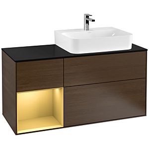 Villeroy und Boch Finion Waschtischunterschrank F142HFGN 120cm, Abdeckplatte Glass Black Matt, Regal links Gold matt, Walnut veneer