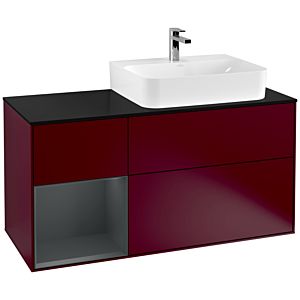 Villeroy und Boch Finion Waschtischunterschrank F142HGHB 120cm, Abdeckplatte Glass Black Matt, Regal links Midnight Blue Matt Lacquer, Peony Matt