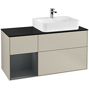 Villeroy und Boch Finion Waschtischunterschrank F142HGHH 120cm, Abdeckplatte Glass Black Matt, Regal links Midnight Blue Matt Lacquer, Sand Matt Lacquer