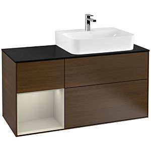 Villeroy und Boch Finion Waschtischunterschrank F142HHGN 120cm, Abdeckplatte Glass Black Matt, Regal links Sand Matt Lacquer, Walnut veneer