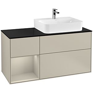 Villeroy und Boch Finion Waschtischunterschrank F142HHHH 120cm, Abdeckplatte Glass Black Matt, Regal links Sand Matt Lacquer, Sand Matt Lacquer