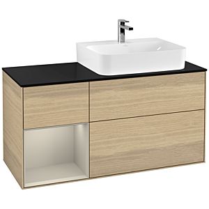 Villeroy und Boch Finion Waschtischunterschrank F142HHPC 120cm, Abdeckplatte Glass Black Matt, Regal links Sand Matt Lacquer, Oak Veneer