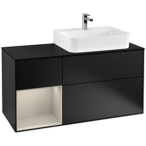 Villeroy und Boch Finion Waschtischunterschrank F142HHPD 120cm, Abdeckplatte Glass Black Matt, Regal links Sand Matt Lacquer, Black matt lacquer