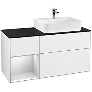 Villeroy et Boch Finion Villeroy et Boch F142MTGF 120cm, plaque de recouvrement verre noir mat, étagère gauche laqué blanc mat, laqué blanc brillant
