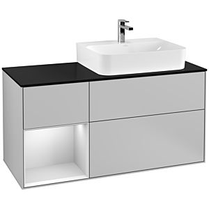 Villeroy et Boch Finion Villeroy et Boch F142MTGJ 120cm, plaque de recouvrement verre noir mat, étagère gauche laqué blanc mat, gris clair mat