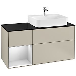 Villeroy und Boch Finion Waschtischunterschrank F142MTHH 120cm, Abdeckplatte Glass Black Matt, Regal links White matt lacquer, Sand Matt Lacquer
