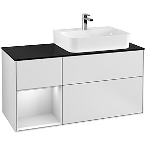 Villeroy et Boch Finion Villeroy et Boch F142MTMT 120cm, plaque de recouvrement verre noir mat, étagère gauche laqué blanc mat, laqué blanc mat