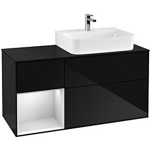 Villeroy und Boch Finion Waschtischunterschrank F142MTPH 120cm, Abdeckplatte Glass Black Matt, Regal links White matt lacquer, Glossy Black Lacquer