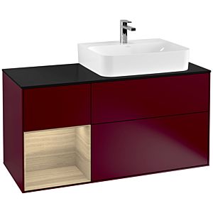 Villeroy und Boch Finion Waschtischunterschrank F142PCHB 120cm, Abdeckplatte Glass Black Matt, Regal links Oak Veneer, Peony Matt