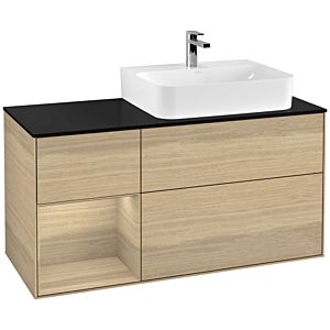 Villeroy und Boch Finion Waschtischunterschrank F142PCPC 120cm, Abdeckplatte Glass Black Matt, Regal links Oak Veneer, Oak Veneer