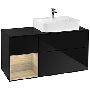 Villeroy und Boch Finion Waschtischunterschrank F142PCPH 120cm, Abdeckplatte Glass Black Matt, Regal links Oak Veneer, Glossy Black Lacquer